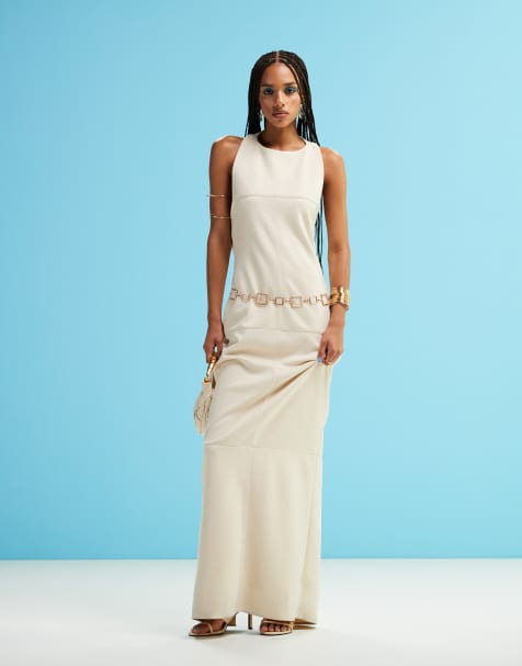 ASOS DESIGN – Gräddvit midiklänning med mocka och drapering baktill - view 1