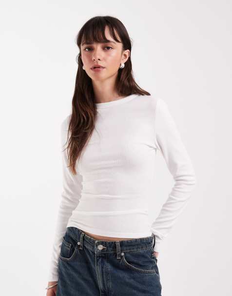 ASOS DESIGN – Gräddvit, mjuk, krympt t-shirt i lång modell med långa ärmar - view 1