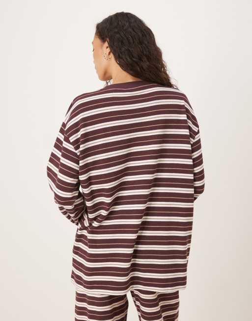 ASOS DESIGN – Gräddvit och brun, randig och texturerad topp med vida ärmar, del av set, 3 av 4