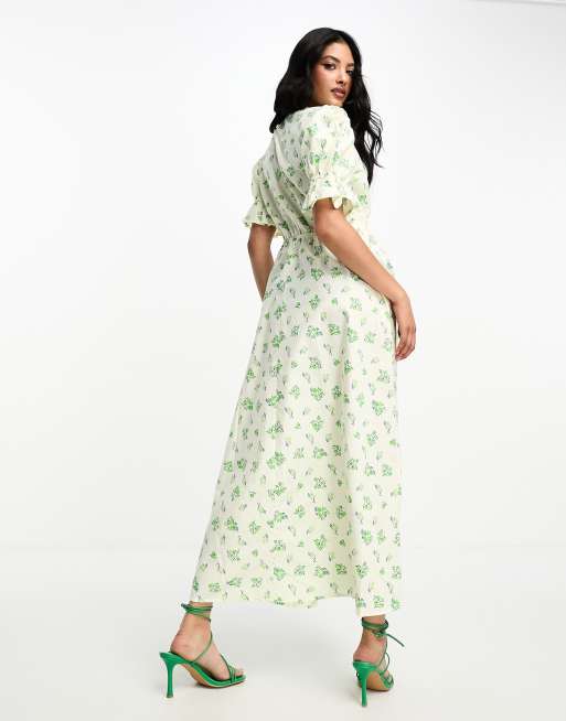 ASOS DESIGN – Gräddvit och grönblommig smockklänning av bomull i midilängd , 3 av 4