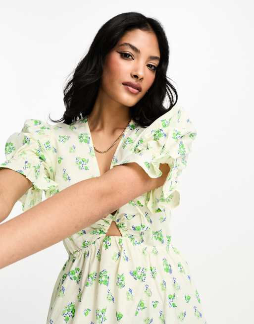 ASOS DESIGN – Gräddvit och grönblommig smockklänning av bomull i midilängd , 4 av 4