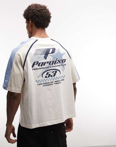 ASOS DESIGN – Gräddvit, panelsydd t-shirt i oversize med boxig passform och sporttryck - view 1