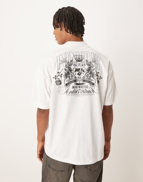 ASOS DESIGN – Gräddvit pikétröja i oversize med tryck fram- och baktill - view 1