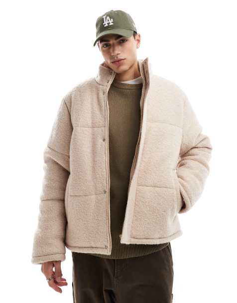 ASOS DESIGN – Gräddvit pufferjacka i strukturerad ull - view 1