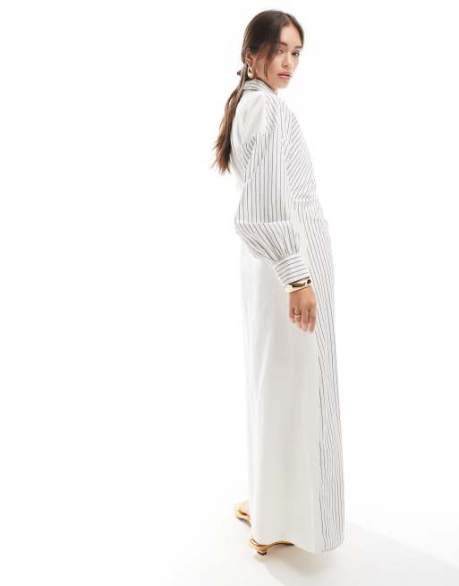 ASOS DESIGN – Gräddvit, randig och blockfärgad maxi-skjortklänning med rysch, 4 av 4