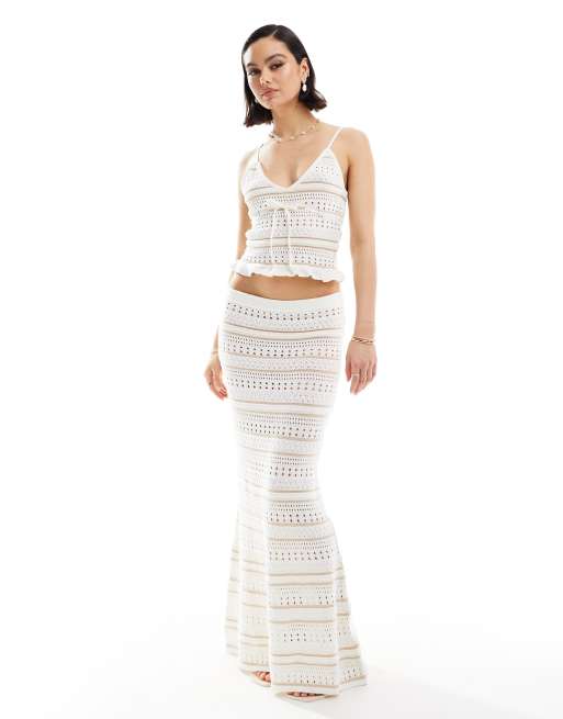 ASOS DESIGN – Gräddvit, randigt stickad maxikjol, del av set