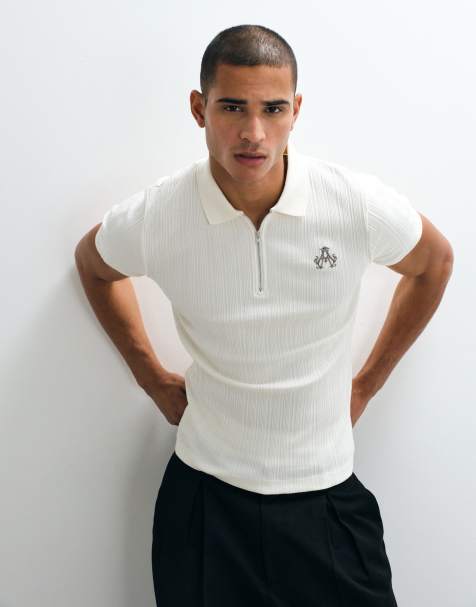 ASOS DESIGN – Gräddvit, ribbad pikétröja i lyxigt tyg och muscle fit med broderi på bröstet - view 1