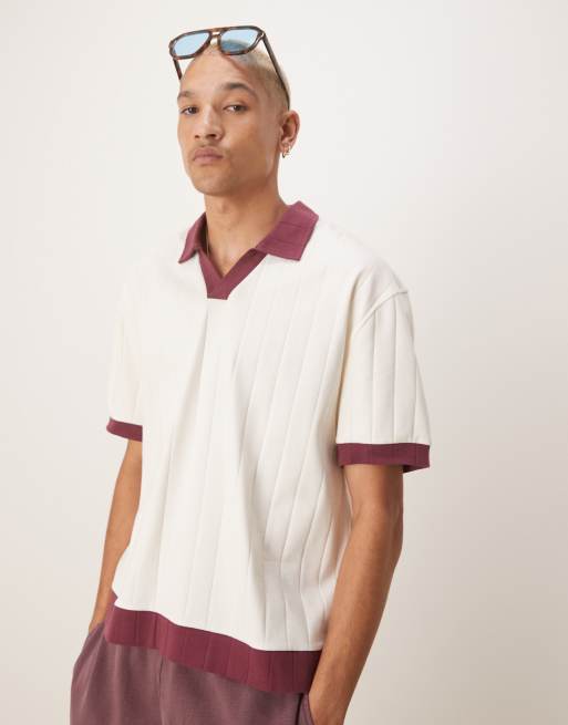 ASOS DESIGN – Gräddvit ribbad t-shirt i avslappnad passform och pikéstil med boxig passform och kontrastkrage