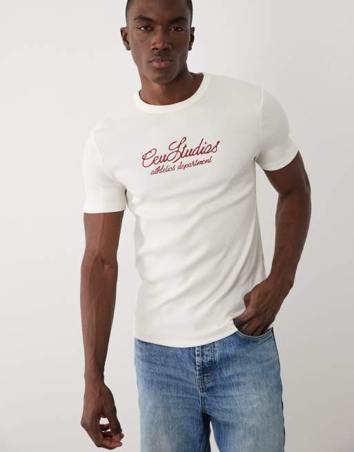 ASOS DESIGN – Gräddvit, ribbad t-shirt i muscle fit med broderad text, 2 av 5