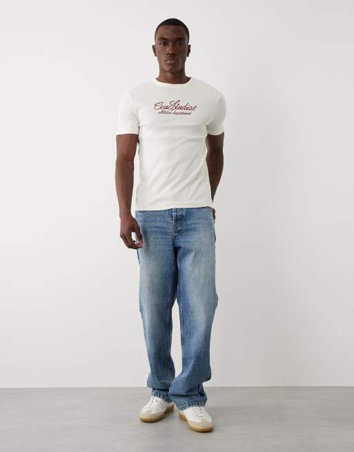 ASOS DESIGN – Gräddvit, ribbad t-shirt i muscle fit med broderad text, 3 av 5
