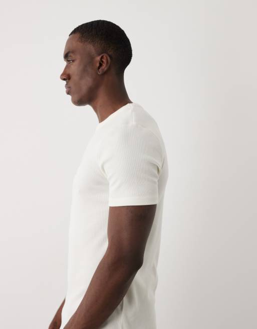 ASOS DESIGN – Gräddvit, ribbad t-shirt i muscle fit med broderad text, 5 av 5