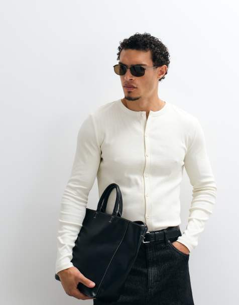 ASOS DESIGN – Gräddvit, ribbad t-shirt i muscle fit med knäppning - view 1
