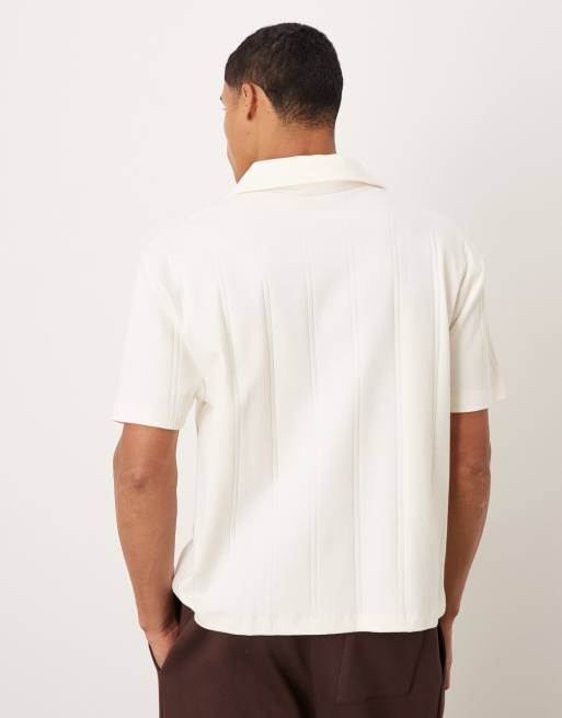 ASOS DESIGN – Gräddvit, ribbad, texturerad pikétröja med avslappnad, boxig passform och platt krage, 3 av 5