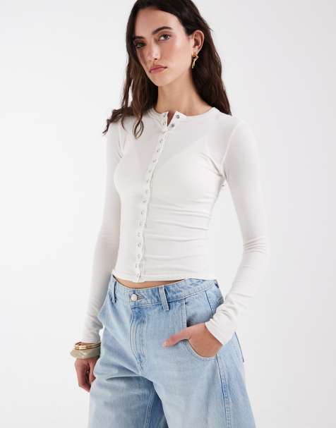 ASOS DESIGN – Gräddvit, ribbad topp med sömlös design, långa ärmar och tryckknappar - view 1