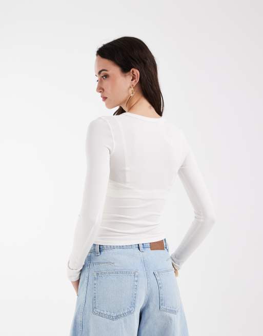 ASOS DESIGN – Gräddvit, ribbad topp med sömlös design, långa ärmar och tryckknappar, 4 av 4