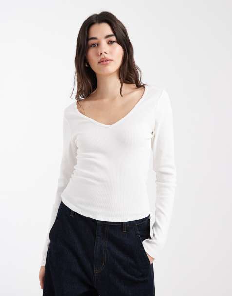 ASOS DESIGN – Gräddvit, ribbad topp med v-ringning och långa ärmar - view 1