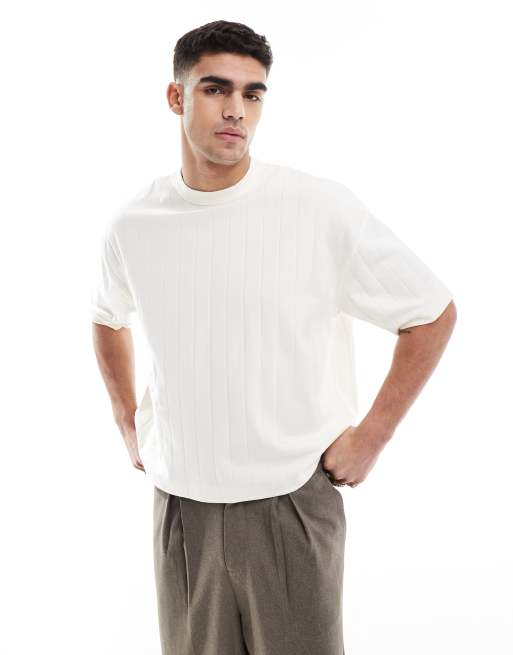 ASOS DESIGN – Gräddvit, ribbat t-shirt med boxig oversize passform