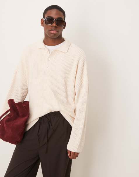 ASOS DESIGN – Gräddvit, ribbstickad pikétröja i extra oversize med boxig passform - view 1