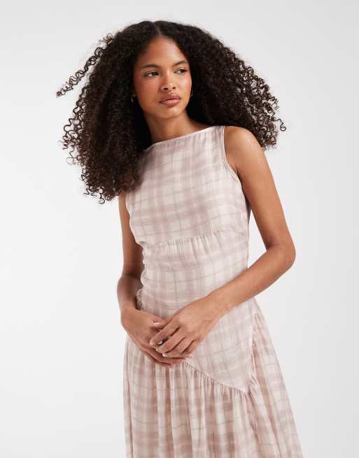 ASOS DESIGN – Gräddvit, rutig midiklänning med rak halsringning och asymmetrisk fåll, 3 av 4