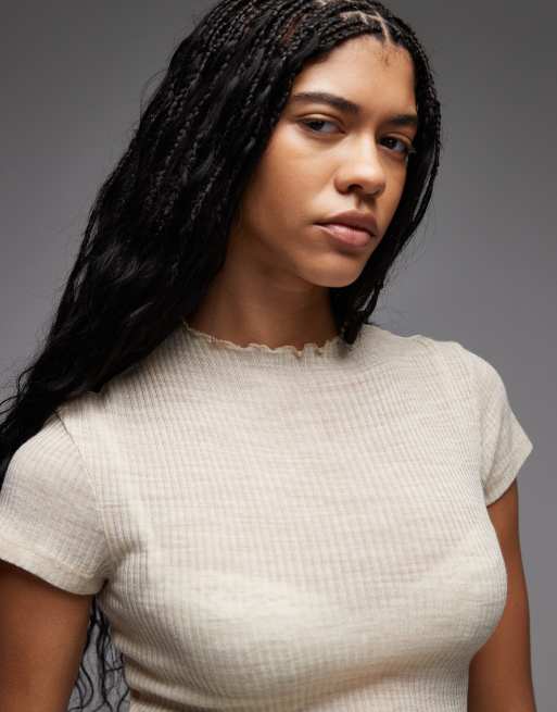 ASOS DESIGN – Gräddvit, skir, ribbad topp med korta ärmar och ståkrage, 3 av 4