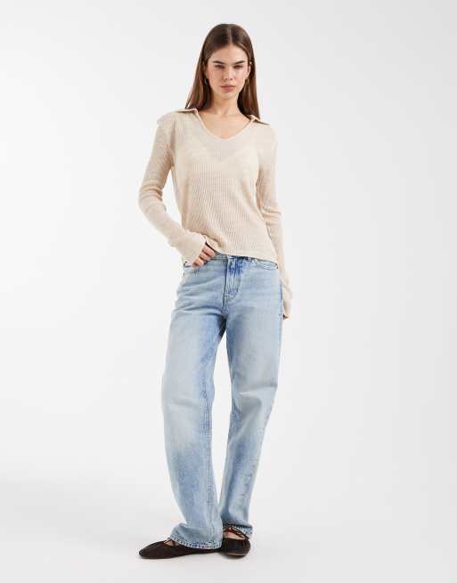 ASOS DESIGN – Gräddvit, skir, ribbad topp med långa ärmar, krage och v-ringning, 3 av 4