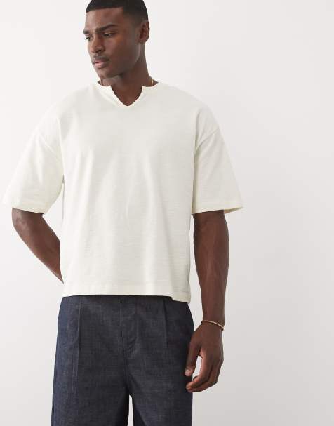 ASOS DESIGN – Gräddvit, slubvävd t-shirt i oversize med boxig passform och sprund vid halsen - view 1