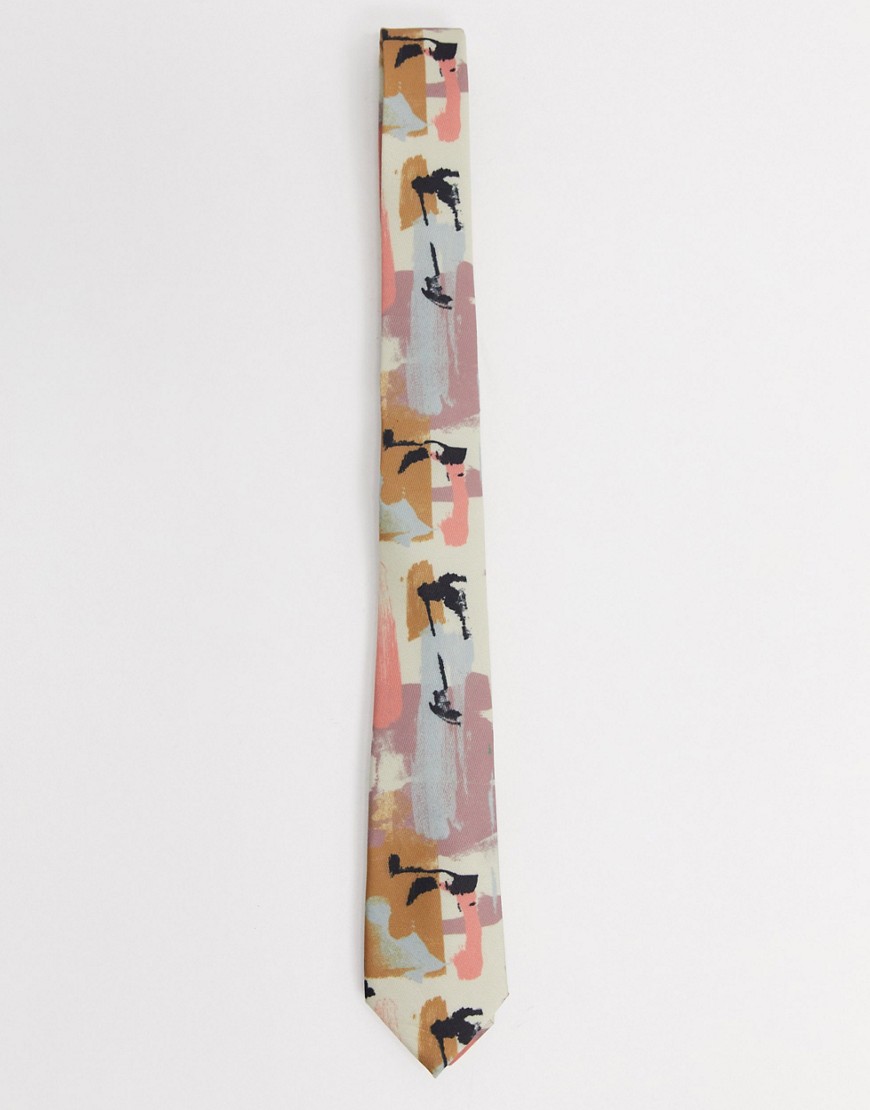 ASOS DESIGN – Gräddvit smal slips med abstrakt mönster-Beige