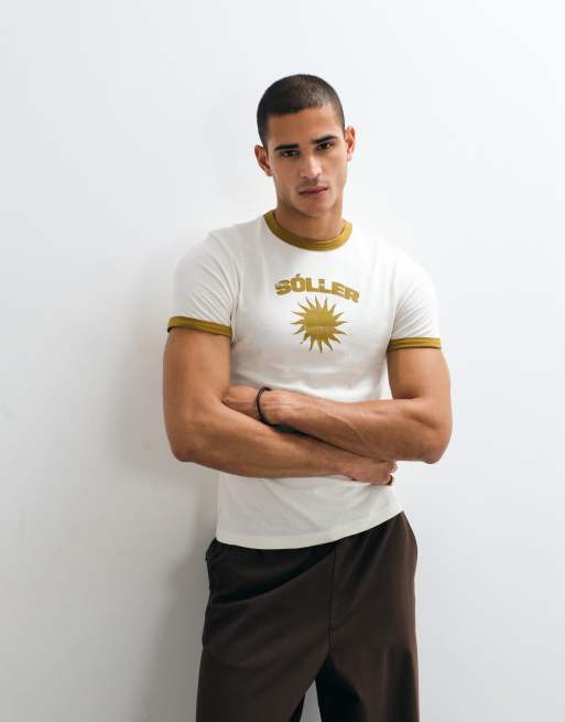 ASOS DESIGN – Gräddvit, smal t-shirt med kantrand och soltryck, 2 av 7