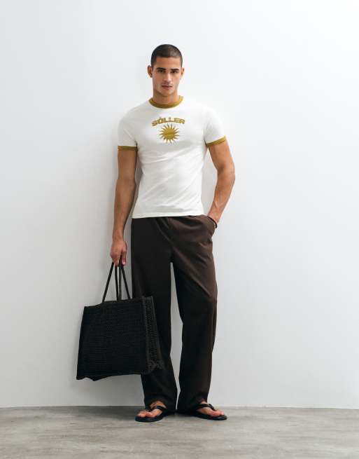 ASOS DESIGN – Gräddvit, smal t-shirt med kantrand och soltryck, 3 av 7