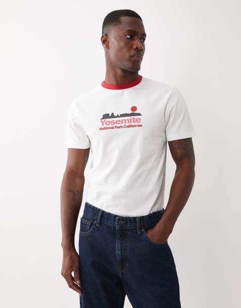 ASOS DESIGN – Gräddvit, smal t-shirt med kantrand och Yosemite-tryck - view 1