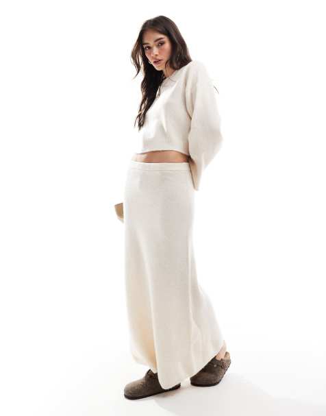 ASOS DESIGN – Gräddvit, stickad, A-linjeformad maxikjol, del av set - view 1