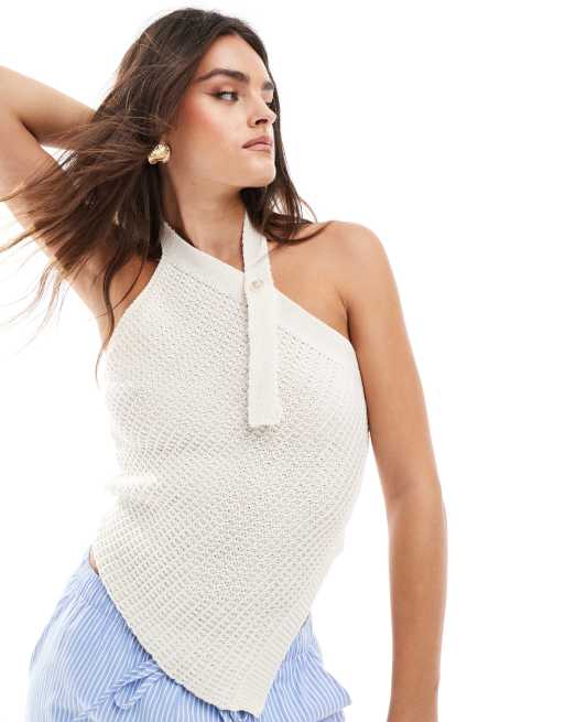 ASOS DESIGN – Gräddvit, stickad, asymmetrisk topp med knapp