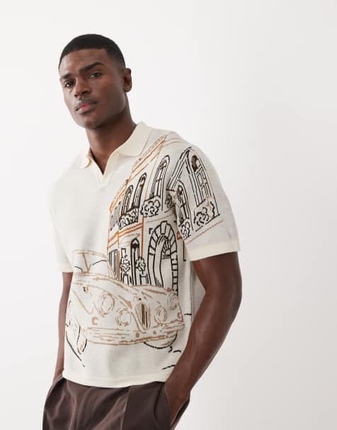 ASOS DESIGN – Gräddvit, stickad, avslappnad topp med sprund vid halsen och biltryck - view 1