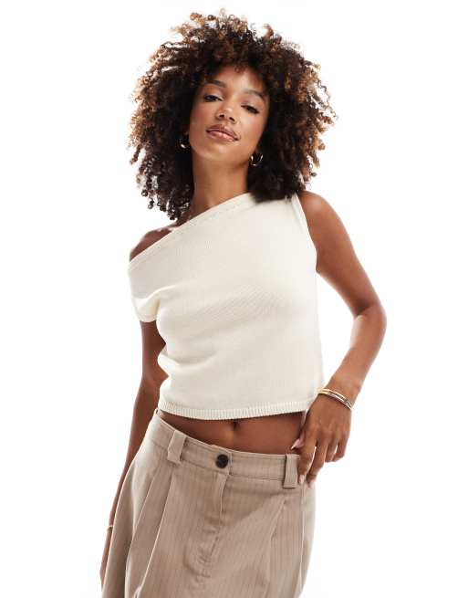 ASOS DESIGN – Gräddvit, stickad, enaxlad topp