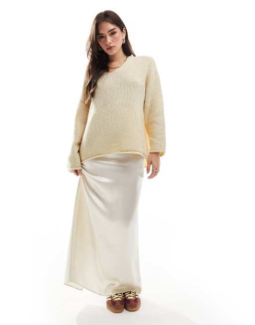 ASOS DESIGN – Gräddvit, stickad, lång tröja med v-ringning, 2 av 4