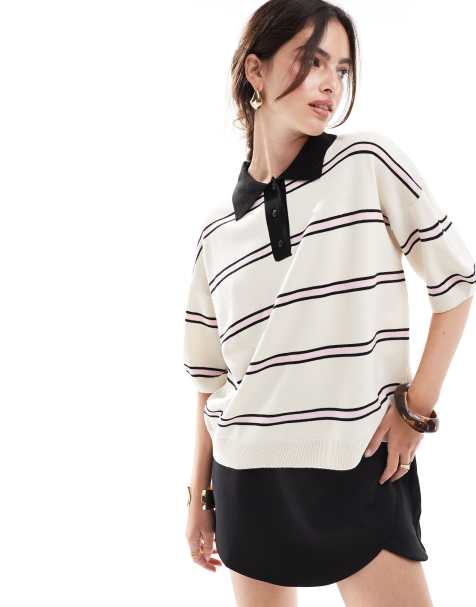 ASOS DESIGN – Gräddvit, stickad pikétröja i oversize med randigt mönster - view 1