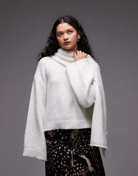 ASOS DESIGN – Gräddvit, stickad tröja med påsydd sjal i ullmix - view 1