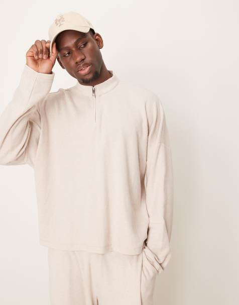 ASOS DESIGN – Gräddvit sweatshirt i twill med boxig, extra oversize passform och ståkrage, del av set - view 1