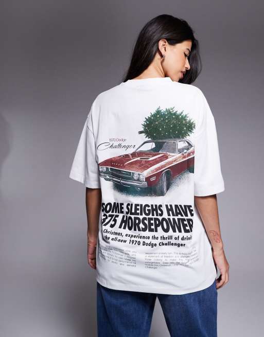 ASOS DESIGN – Gräddvit t-shirt i oversize och unisex-modell med juligt Dodge-tryck, 4 av 4