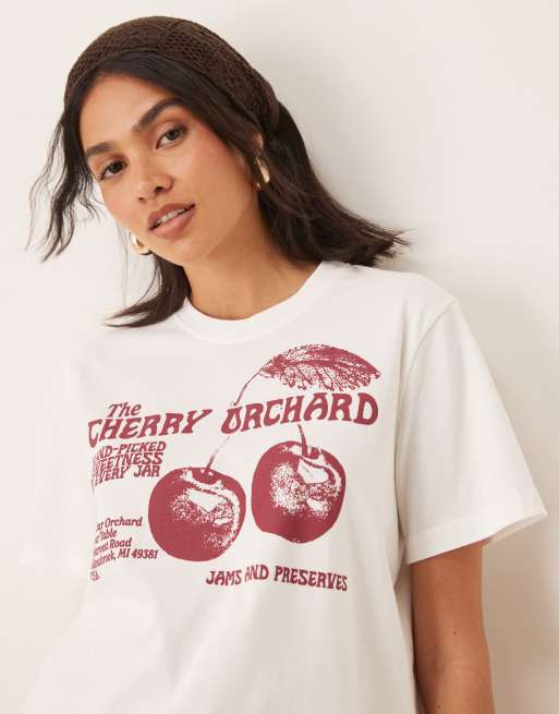 ASOS DESIGN – Gräddvit t-shirt i regular fit med körsbärsträdstryck, 4 av 4