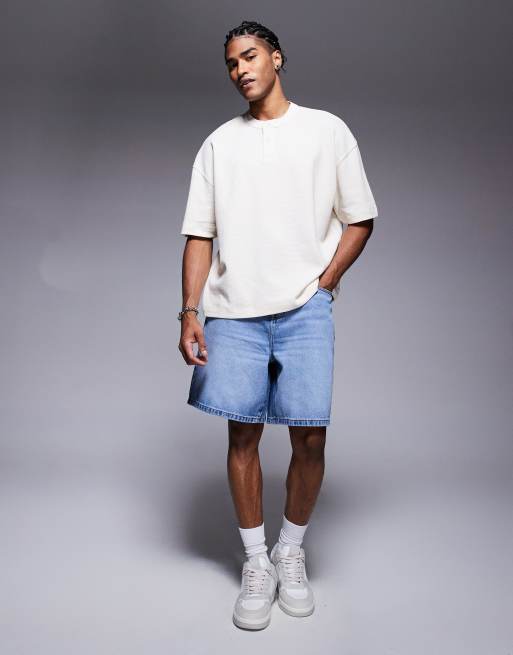 ASOS DESIGN – Gräddvit, våfflad t-shirt i oversize med boxig passform och henleykrage , 2 av 4