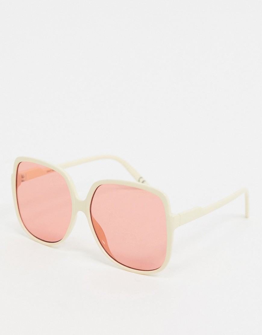 ASOS DESIGN – Gräddvita 70-tals fyrkantiga solglasögon i oversize med orange glas