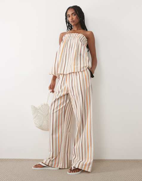 ASOS DESIGN – Gräddvita, randiga byxor i linnemix med bred fåll, del av set - view 1