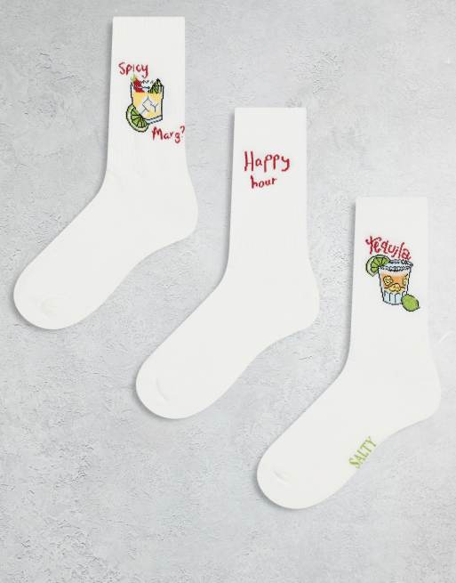 ASOS DESIGN – Gräddvita strumpor med drinkbroderi, 3-pack