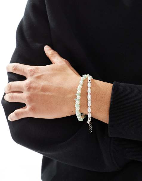 ASOS DESIGN – Gräddvitt armband med fuskpärlor och jadeflisor, 2-pack - view 1