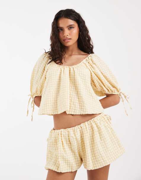 ASOS DESIGN – Gräddvitt, ginghamrutigt set med bubblig topp med puffärmar - view 1