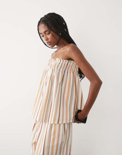 ASOS DESIGN – Gräddvitt, randigt set i linnemix med utställd bandeau-topp - view 1