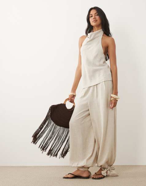 ASOS DESIGN – Gräddvitt set i linnemix med draperad halterneck - view 1