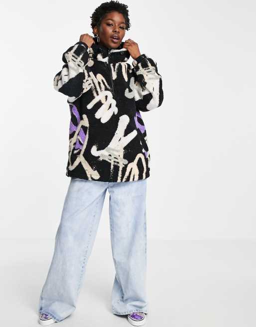 ASOS DESIGN graffiti print overhead borg jacket in black ASOS