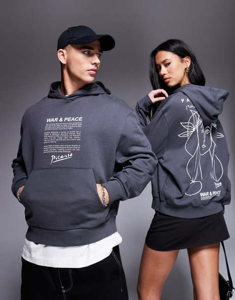 ASOS DESIGN – Grafitowa bluza unisex o pudełkowym kroju i fasonie oversize z rysunkowym nadrukiem Picasso - view 1